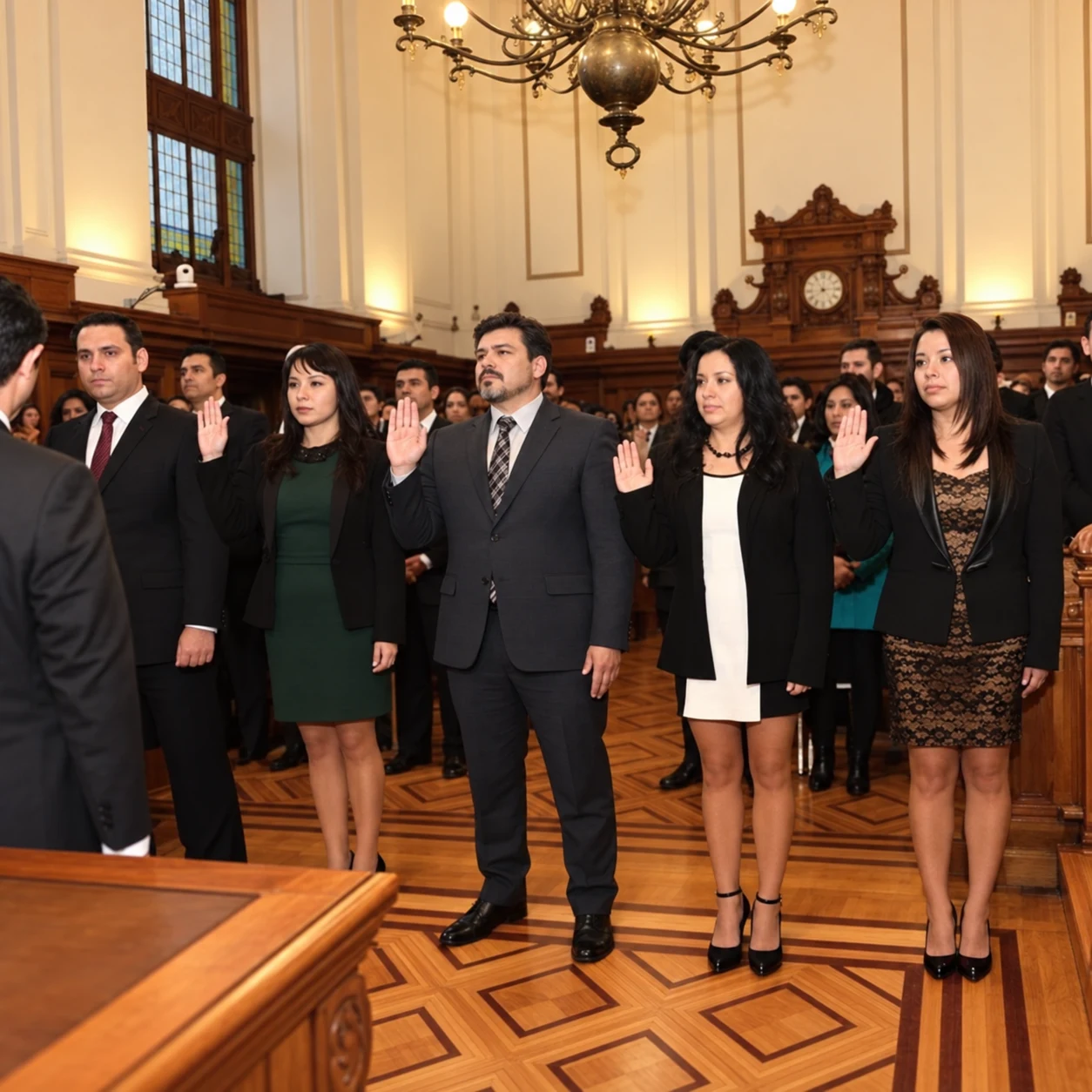 Mariano Pavez Poseck, en el centro, con la mano levantada durante una ceremonia de juramento